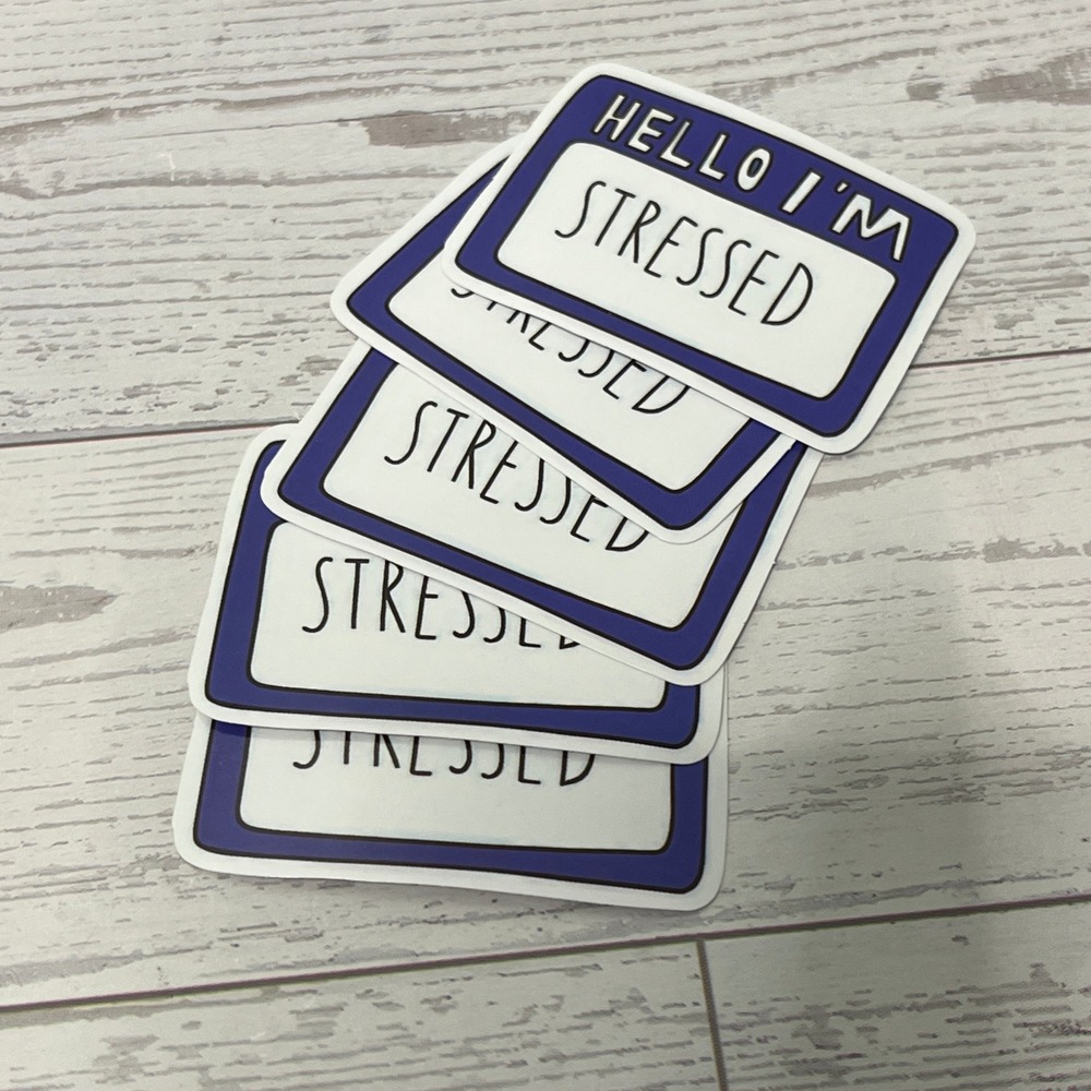 Hello I'm Stressed Name Tag Sticker Set Blue White Funny Laptop Decal 4 Pack